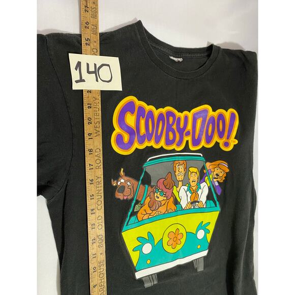 Vintage 90s Mens Medium Faded Spell Out Scooby Doo Cartoon T-Shirt Black Cotton - Picture 2 of 10